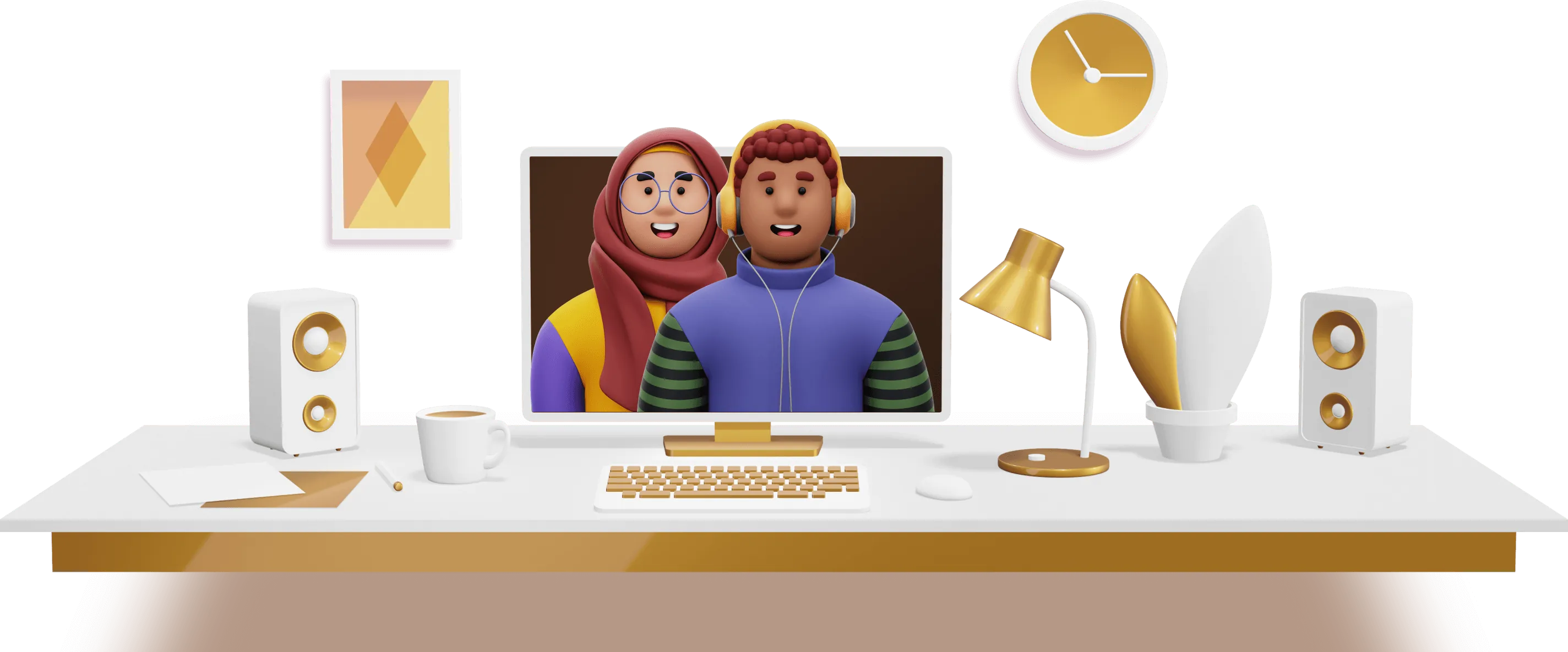 An illustration of co-workers in a workspace.